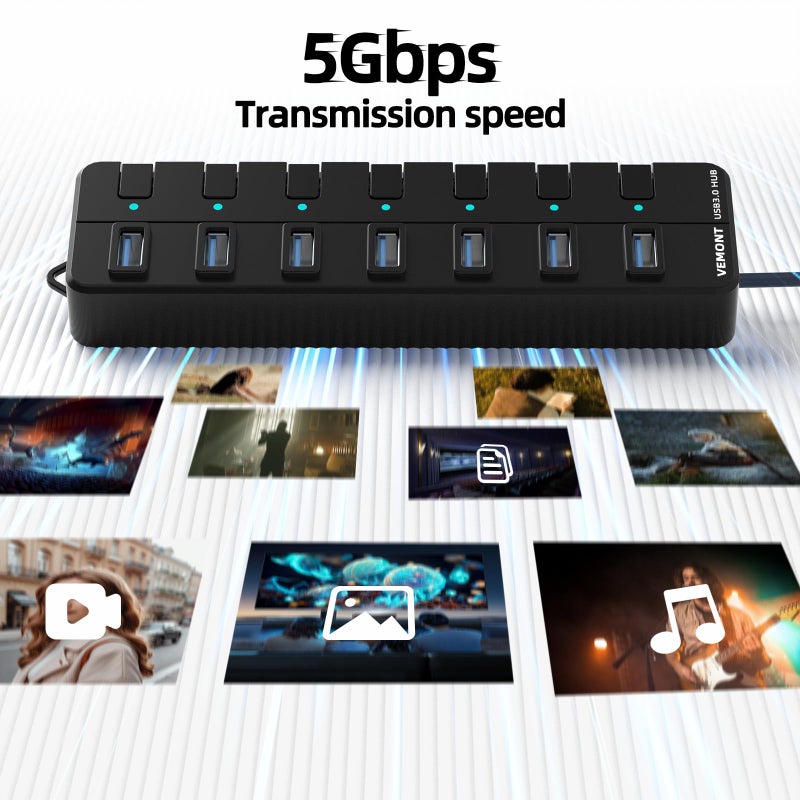 Vemont USB hub,7 Port USB 3.0 Hub,VEMONT USB Splitter with Individual On/Off Switches and Lights, 4ft/1.2m USB HUB Long Cable, USB Extension for Laptop and PC Computer - Image 4